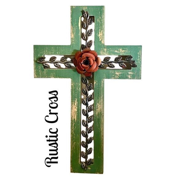 NWOT Montana West Metal Leaf With Rose Inlay On Green Distressed Wooden Cross - Picture 1 of 8